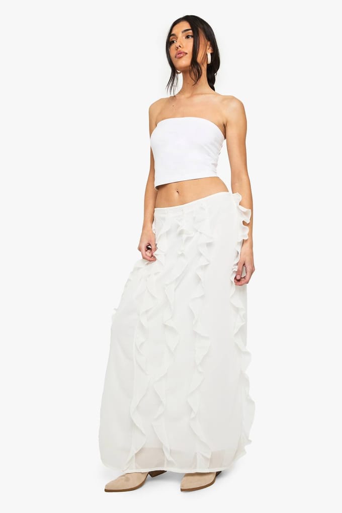 boohoo Dames Chiffon maxirok met ruches | Ivory | Maat: 6