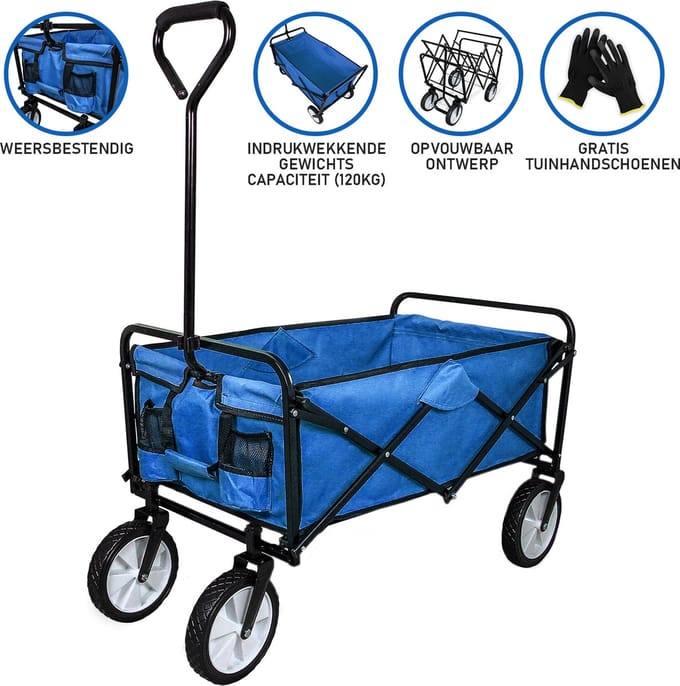 Bolderkar opvouwbaar - blauw - 120kg - inclusief tuinhandschoenen