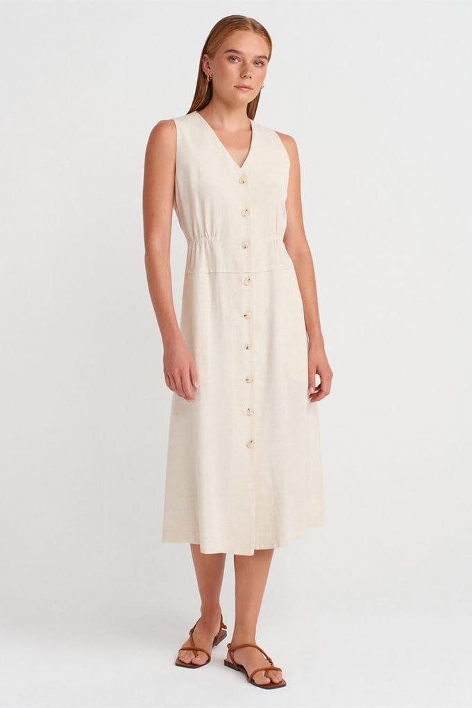 Mouwloze Midi-Jurk Met V-Hals En Knopen