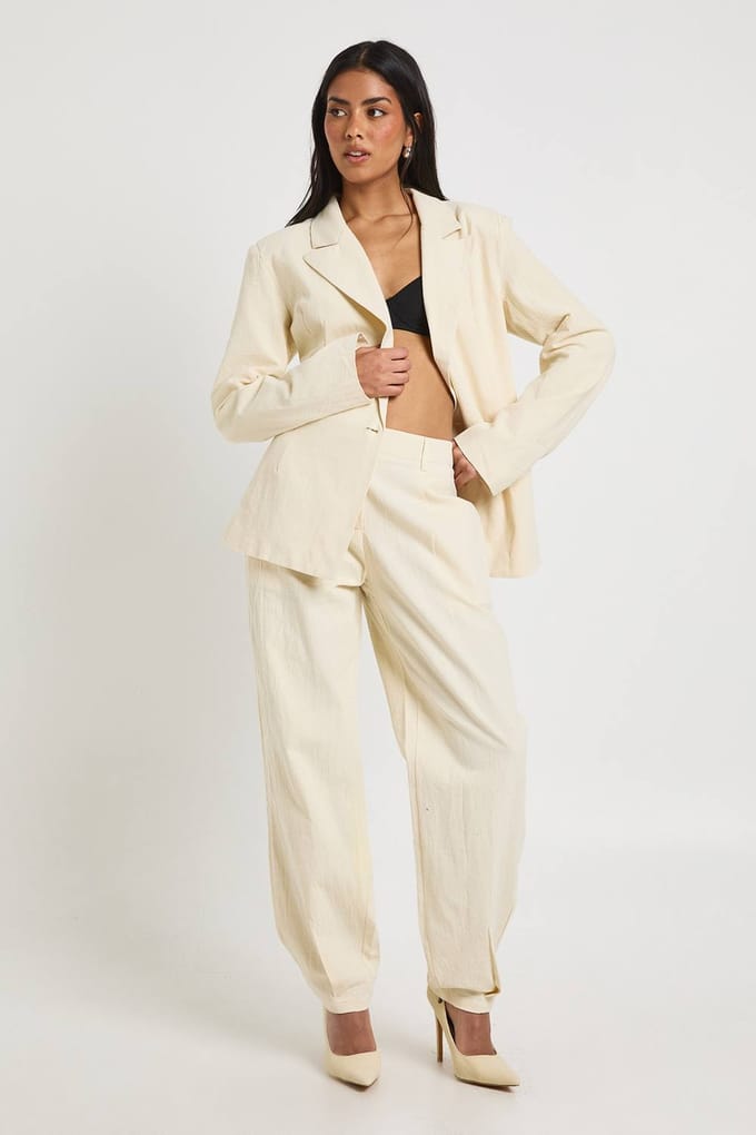 boohoo Dames Linnen getailleerde broek met rechte pijp | Ecru | Maat: 34
