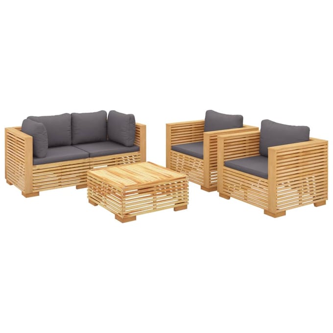 vidaXL - 5-delige - Loungeset - met - kussens - massief - teakhout