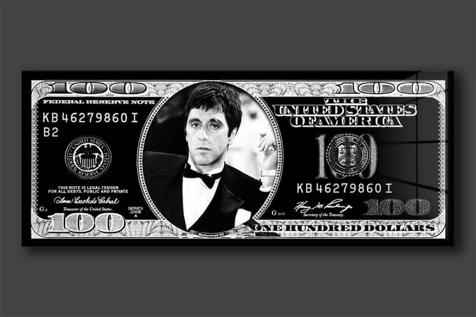 Al pacino Dollar schilderij op plexiglas 120x50cm