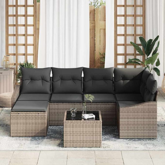 vidaXL Tuin Eetset 7 st Lichtgrijs Poly Rattan en Poedergecoat Staal