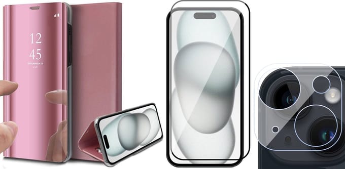 Hoesje geschikt voor iPhone 15 Plus - Screenprotector FullGuard & Camera Lens Screen Protector - Book Case Spiegel Roségoud