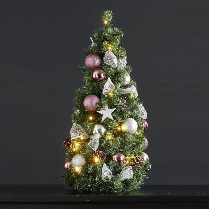 Mini versierde Kerstboom "Noel" 65cm -lichtkleur: Warm Wit -Werkt op batterijen -Met timer functie -Kerstdecoratie