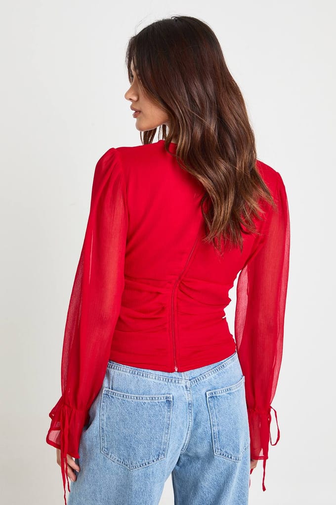 boohoo Dames Chiffon Blouse Met Strikmanchetten | Rood | Maat: 34