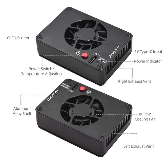 Andoer FS-04B camerakoelventilator extern koelsysteem met 2 ventilatorsnelheden 4 stuks montageadapter zwart