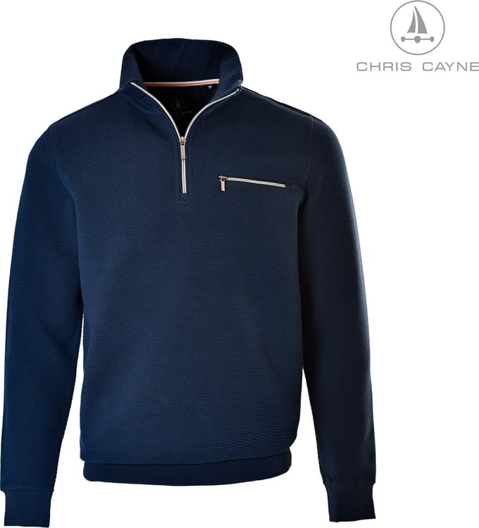 Chris Cayne heren sweatshirt - L - korte rits - valt klein - donkerblauw - uni structuur - schipperskraag - borstzak