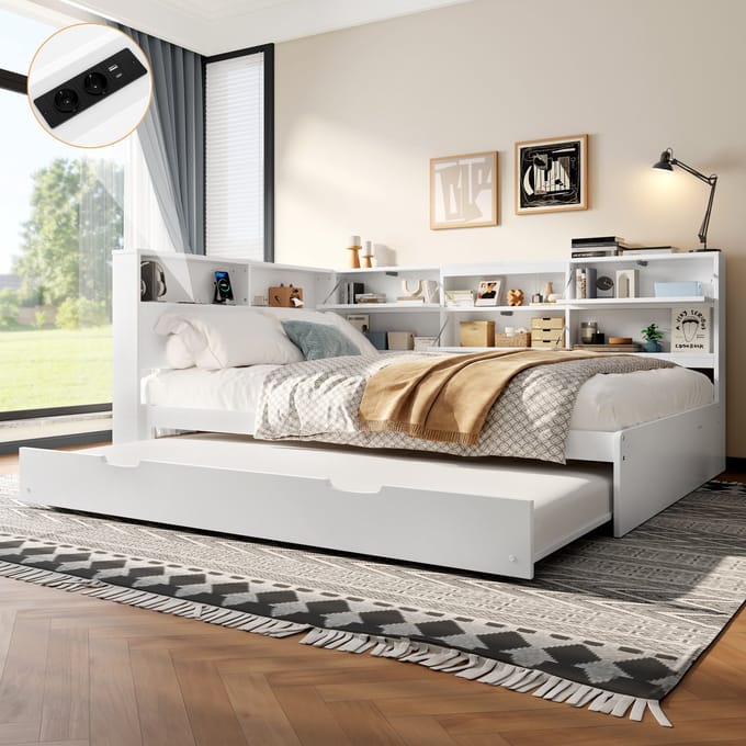Slaapbank - 140x200 cm - met Uitschuifbed en Opbergvak - Wit