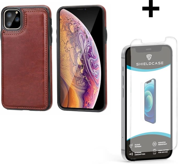 ShieldCase Wallet case geschikt voor Apple iPhone 12 / 12 Pro - 6.1 inch - ruimte voor pasjes - pasjeshouder - portemonnee - bruin + glazen Screen Protector