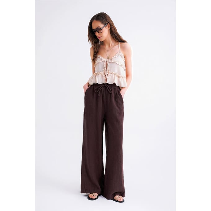 Hoge Taille Textured Mousseline Stof Broek