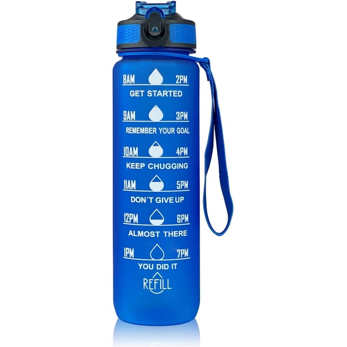 1L Motiverende waterfles met rietje en tijdmarkering Lekvrije fliptop sportfles voor blue