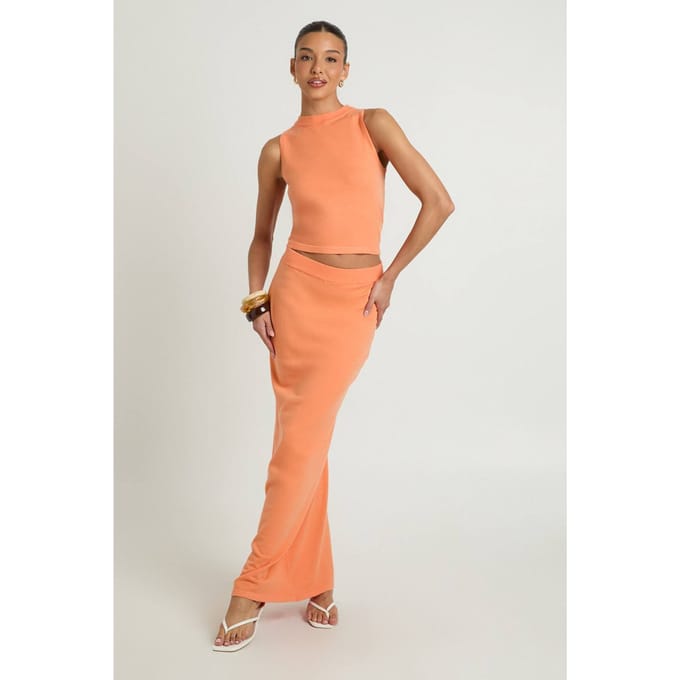 boohoo Dames Geribbelde Gebreide Col Top En Maxi Rok Co-ord | Oranje | Maat: Medium