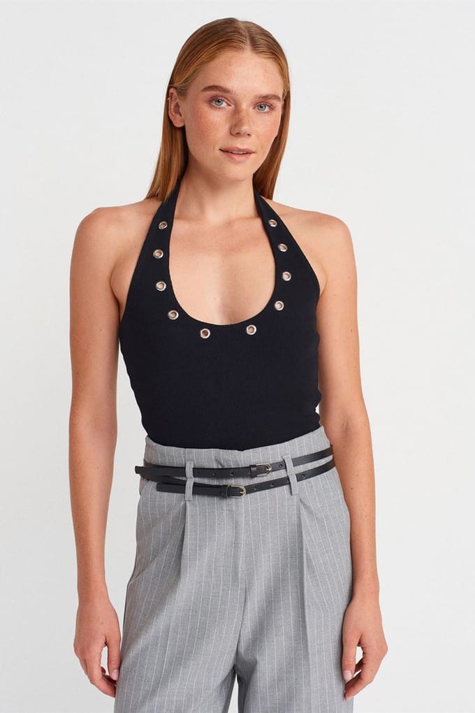 Korte Halterribbelblouse met Steendetail