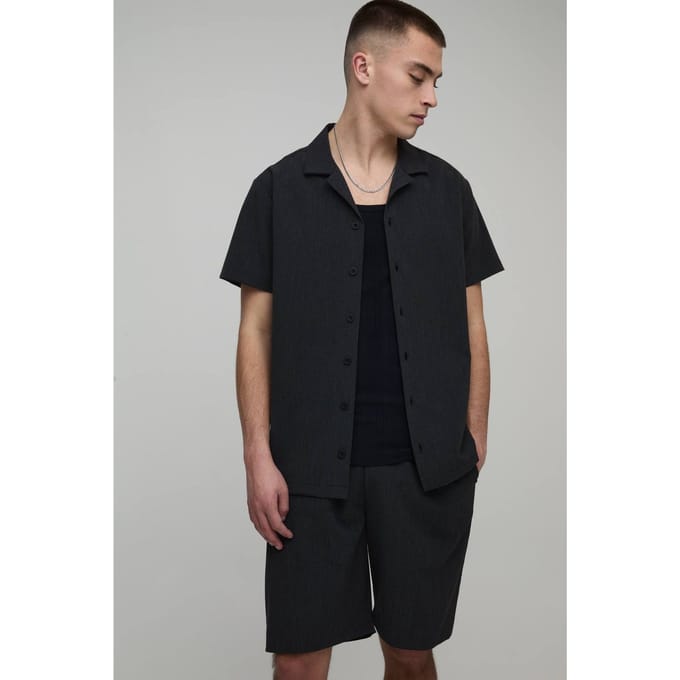 Regular Fit Seersucker Streep Overhemd & Shorts Set | Black | Size Medium
