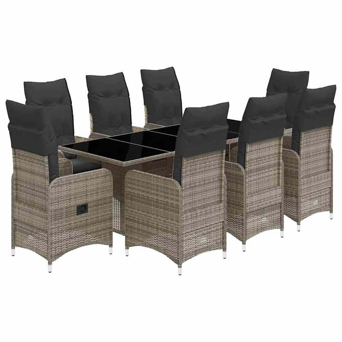 vidaXL - 9-delige - Bistroset - met - kussens - poly - rattan - grijs