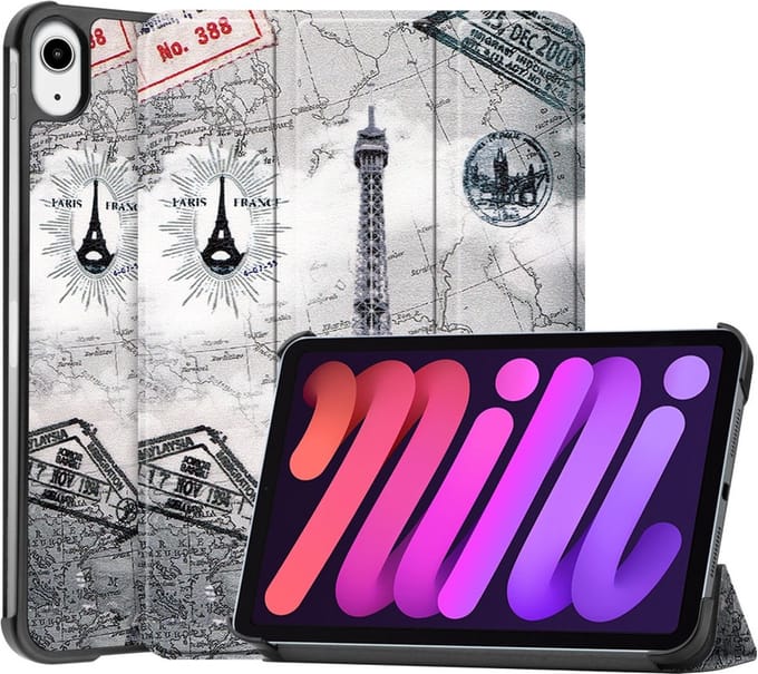 Tablethoes geschikt voor iPad Mini 7 (2024) / iPad Mini 6 (2021) Hoesje - Tri-Fold Book Case met Wake/Sleep - Eiffeltoren