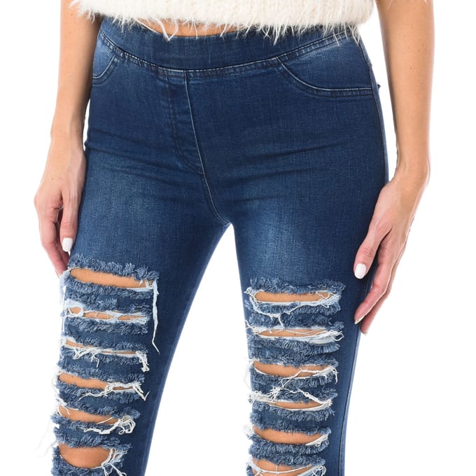 Lange denim damesbroek van elastische stof D2001