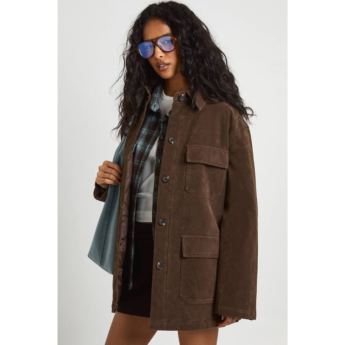 boohoo Dames Suede Look Utility Pocket Jacket | Chocolate | Maat: 8