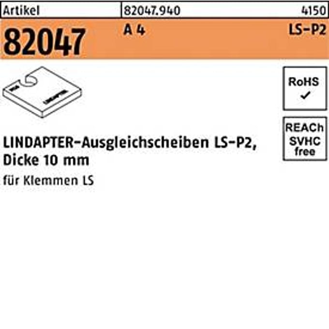 LINDAPTER opvulstuk R 82047 LS-P2, Ø 12 mm, dikte 10 mm, A4 staal, 1 stuk