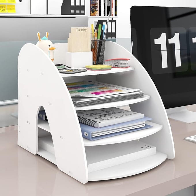 Bureau Organizer - Papier Sorteren - Thuis Kantoor - Vier Lagen Opslag - 35x25x29cm - Wit