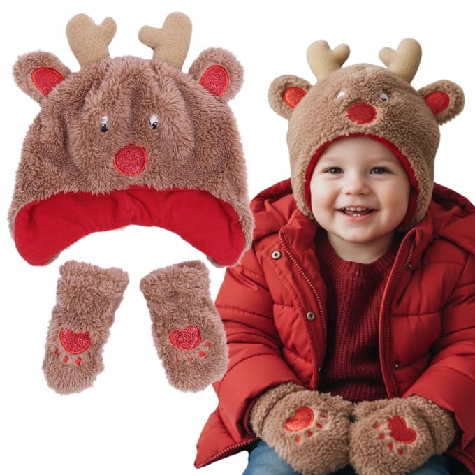 Warme winteroutfit voor kinderen, pluche muts + handschoenen Rendier