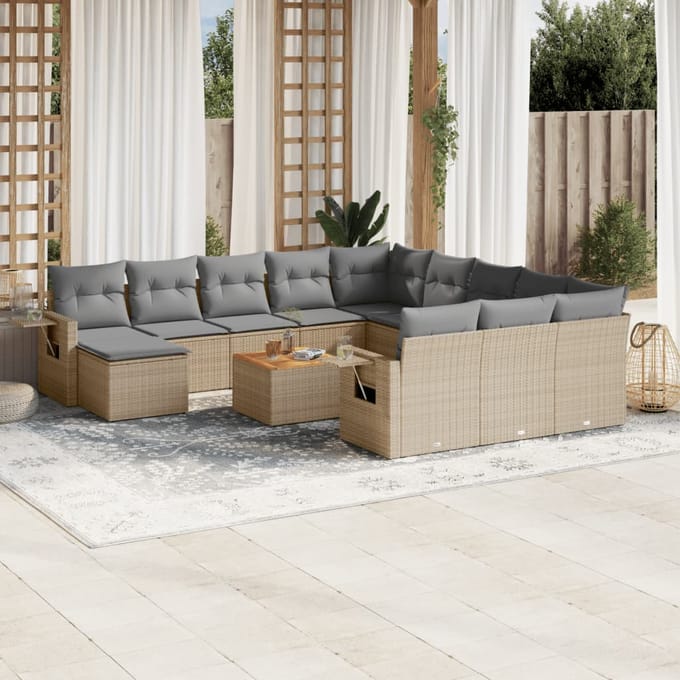 vidaXL - 13-delige - Loungeset - met - kussens - poly - rattan - gemengd - beige