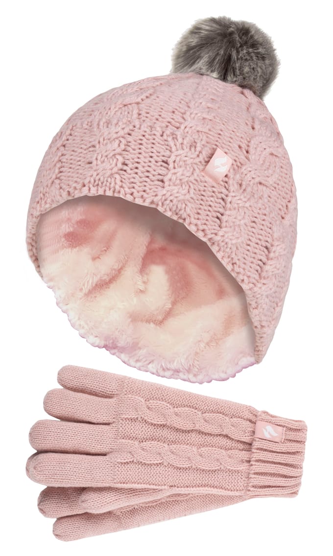 Heat Holders Meisjes Cable Bobble Muts En Handschoenen Set - Schemerig Roze