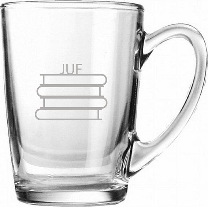 Gegraveerde theeglas 32cl Juf met boeken