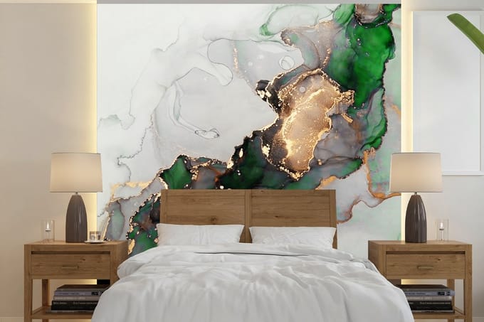 Behang - Fotobehang Marmer - Goud - Groen - Luxe - Breedte 280 cm x hoogte 280 cm