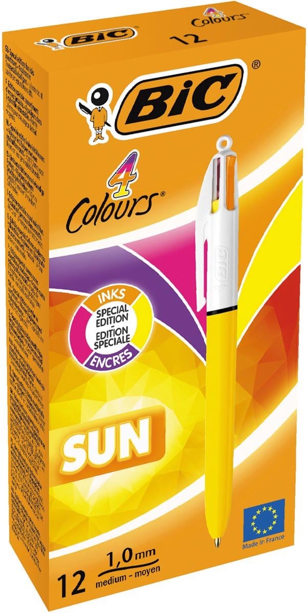 Bic 4 Colours Sun, balpen, 0,32mm, 4 fashion inktkleuren, lichaam geel