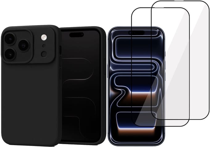 Technow hoesje + 2x Screenprotector geschikt voor iPhone 17 Pro Max – Full Screen Tempered Glass - Liquid Back Case - Cover - Zwart