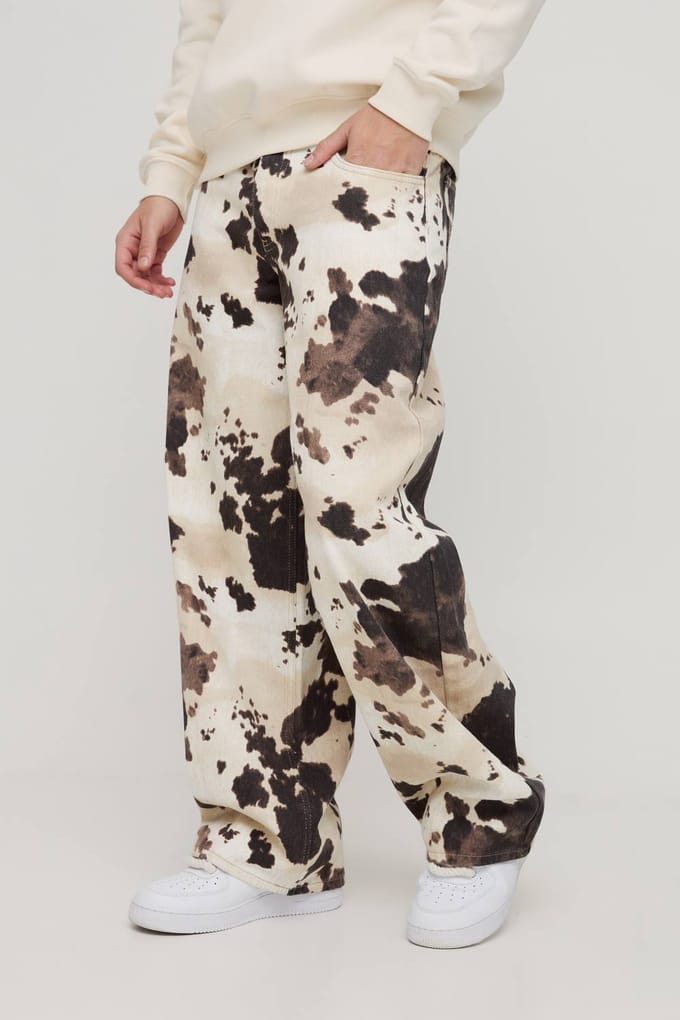 Baggy Fit Cow Print Denim Jeans | Brown | Size 30R