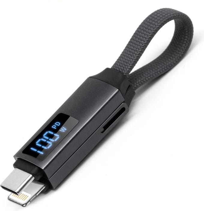 De Beste Gadgets data en Oplaadkabel 2 in 1 - Geschikt voor USB-C en Apple Lightning - Met display en sleutelring - Compact 16 cm - Grijs