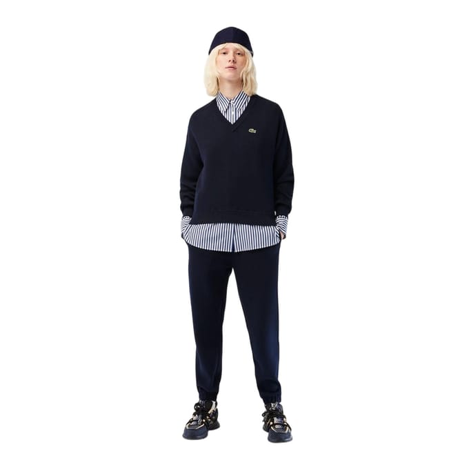 Lacoste Dames Geribbelde V-Hals Regular Trui Top (Marineblauw)