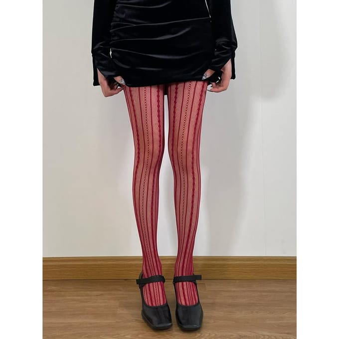Bas résille à rayures verticales mode pour femmes Collants extensibles en maille ajourée Bas jacquard tendance One Size brown