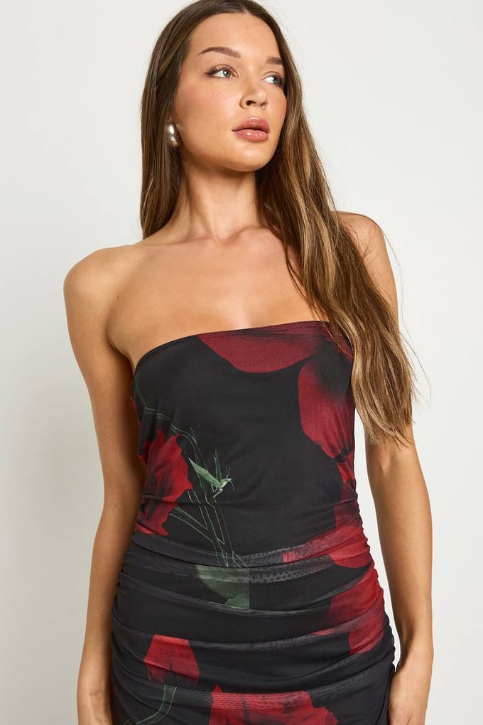 boohoo Dames Mesh Bloemenprint Bandeau Maxi Jurk | Natural Black | Maat: 44