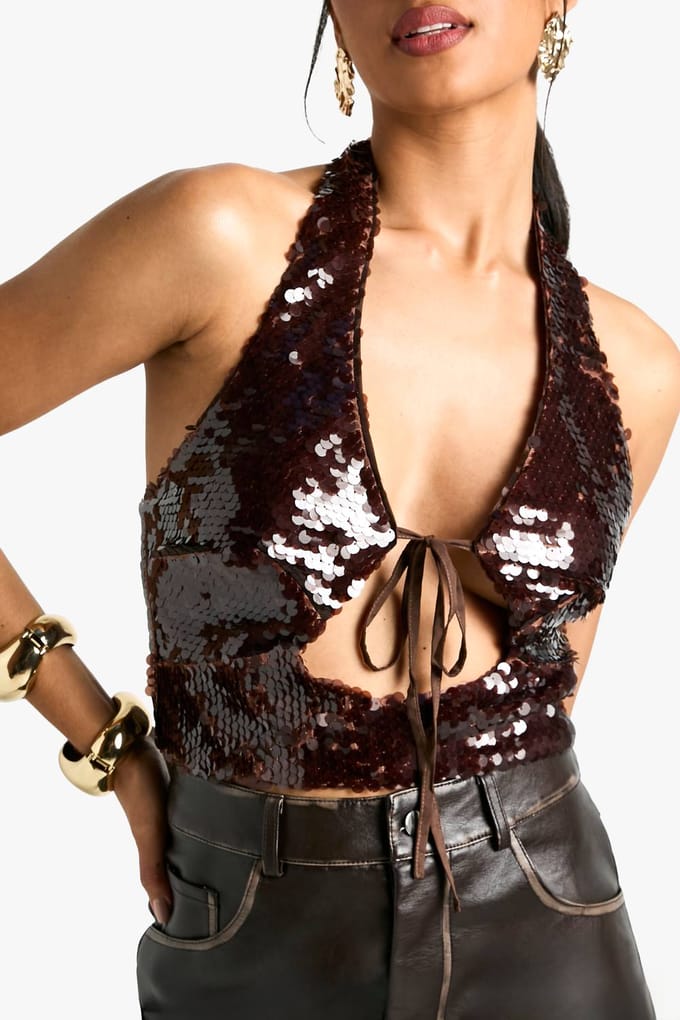 boohoo Dames Sequin Halterneck Tie Front Crop Top | Chocoladebruin | Maat: 38