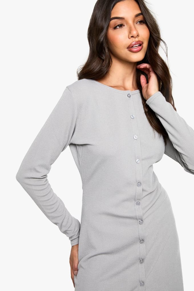 boohoo Dames Geribbelde Button-Down Smock Mini Jurk | Grey | Maat: 16