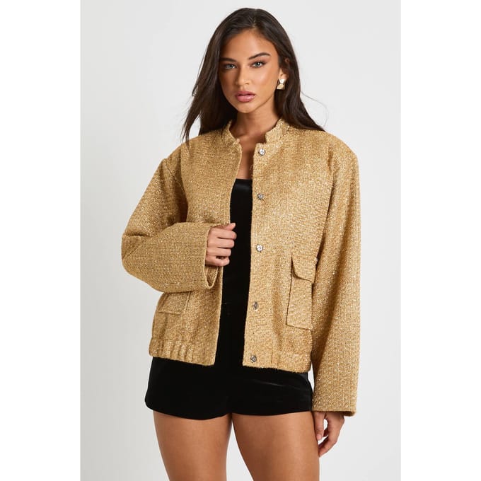boohoo Dames Pailletten Boucle Bomberjack | Goud | Maat: 38