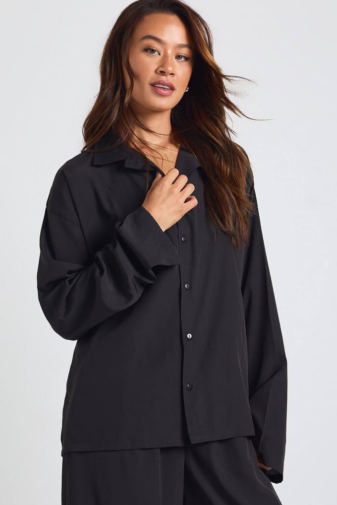 boohoo Dames Lange oversized blouse & wijde broek set | Black | Maat: 8