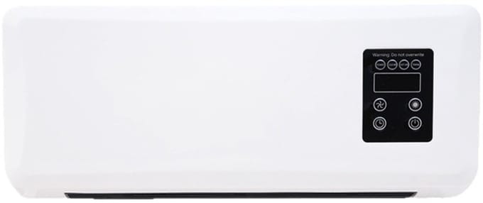 LISM-Wandgemonteerde airconditioner/ventilator met afstandsbediening - combineert verwarming en ventilatorsnelheidsregeling.