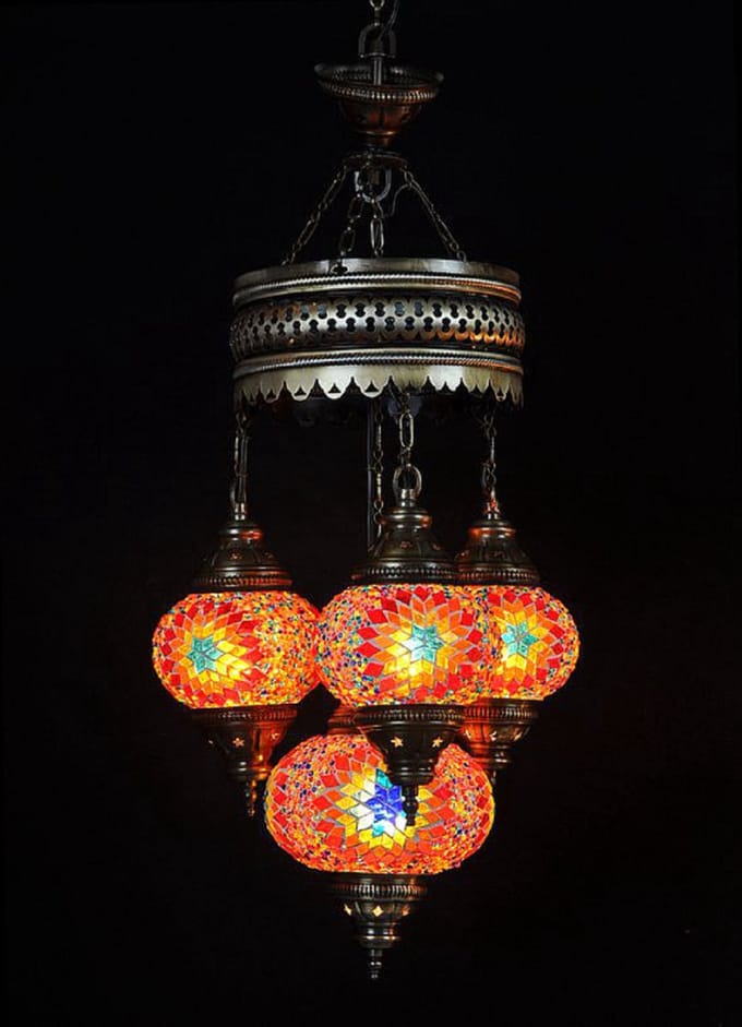 Turkse hanglamp mozaïek glas multicolour - hanglamp 4 bollen - hoogte 80 cm - E-14 fitting