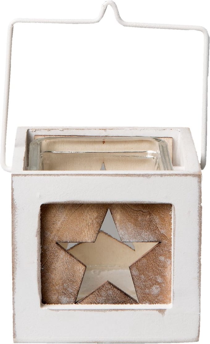 Waxinelichthouder | 10*10*9 cm | Wit | Hout / glas | Ster | Clayre & Eef | 6H1497S
