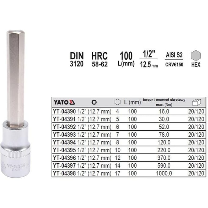 YATO Serie - Inbussleutel - 17 mm - 1/2" - 100 mm