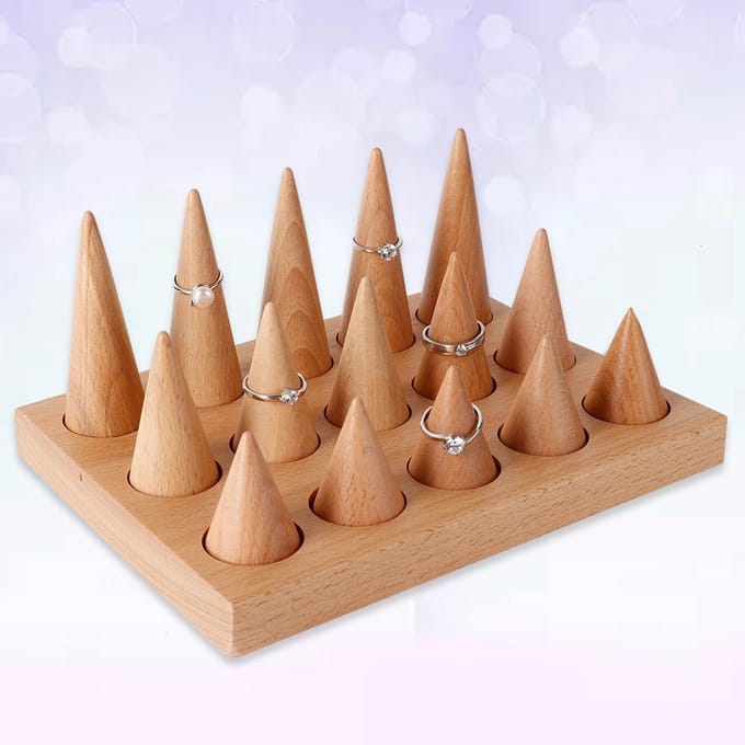 Houten 15 Vingers Display Ringhouder Vitrinestandaard Sieraden Ringen Organizer beige
