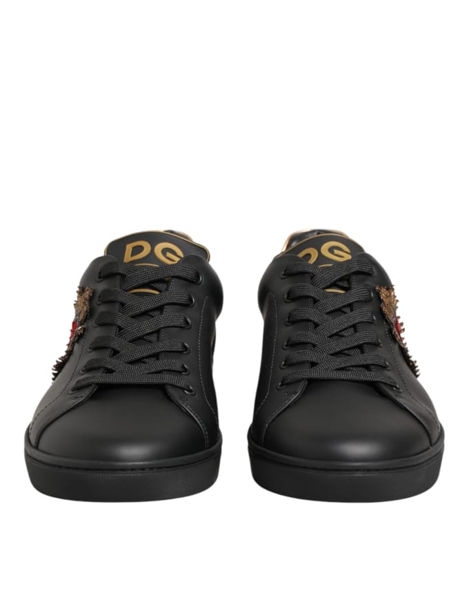 Dolce & Gabbana Zwarte Leren Hart Versierde Sneakerschoenen