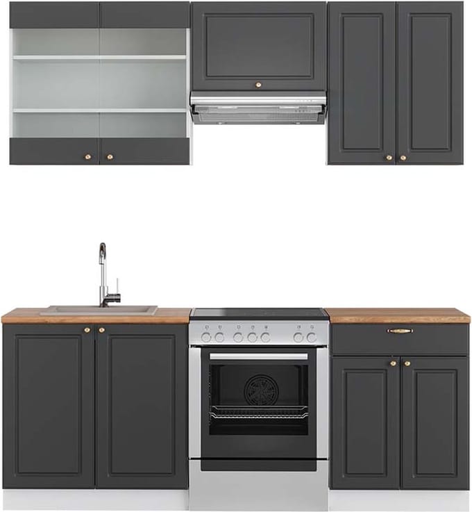 Vicco Fame-Line Complete keukeneenheid – 200 cm, WB Eik Antraciet-Goud/Wit