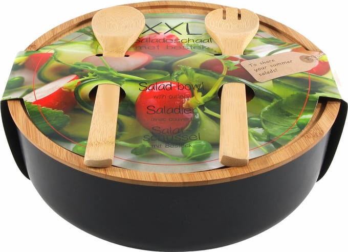 Svenska Living - Saladeschaal/kom - Met couvert - Bamboe - Zwart - D30 cm