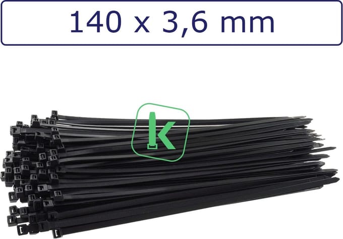 PRO-TIE® - Tyraps, kabelbinders 140 x 3,6 mm Zwart UV bestendig (Bulk grootverpakking zak 1.000 stuks) (tiewrap/tyrap/tie-wrap/bundelbandje/colsonbandje/)